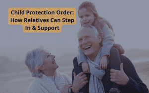 Elderly grandparents smiling with young granddaughter outdoors, representing family support in child protection order cases in the UK.