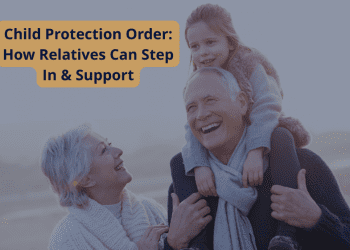 Elderly grandparents smiling with young granddaughter outdoors, representing family support in child protection order cases in the UK.