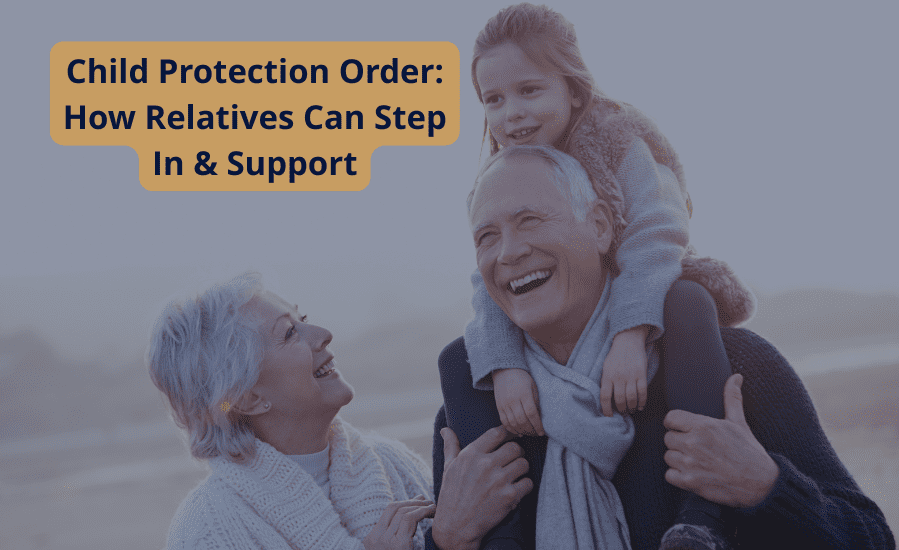 Elderly grandparents smiling with young granddaughter outdoors, representing family support in child protection order cases in the UK.