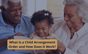 Grandparents reading a book with their grandchild at home, representing family care and stability during a child arrangement order.