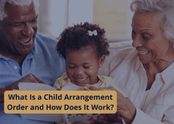 Grandparents reading a book with their grandchild at home, representing family care and stability during a child arrangement order.