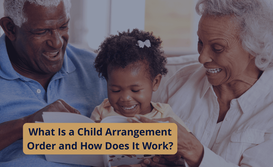 Grandparents reading a book with their grandchild at home, representing family care and stability during a child arrangement order.